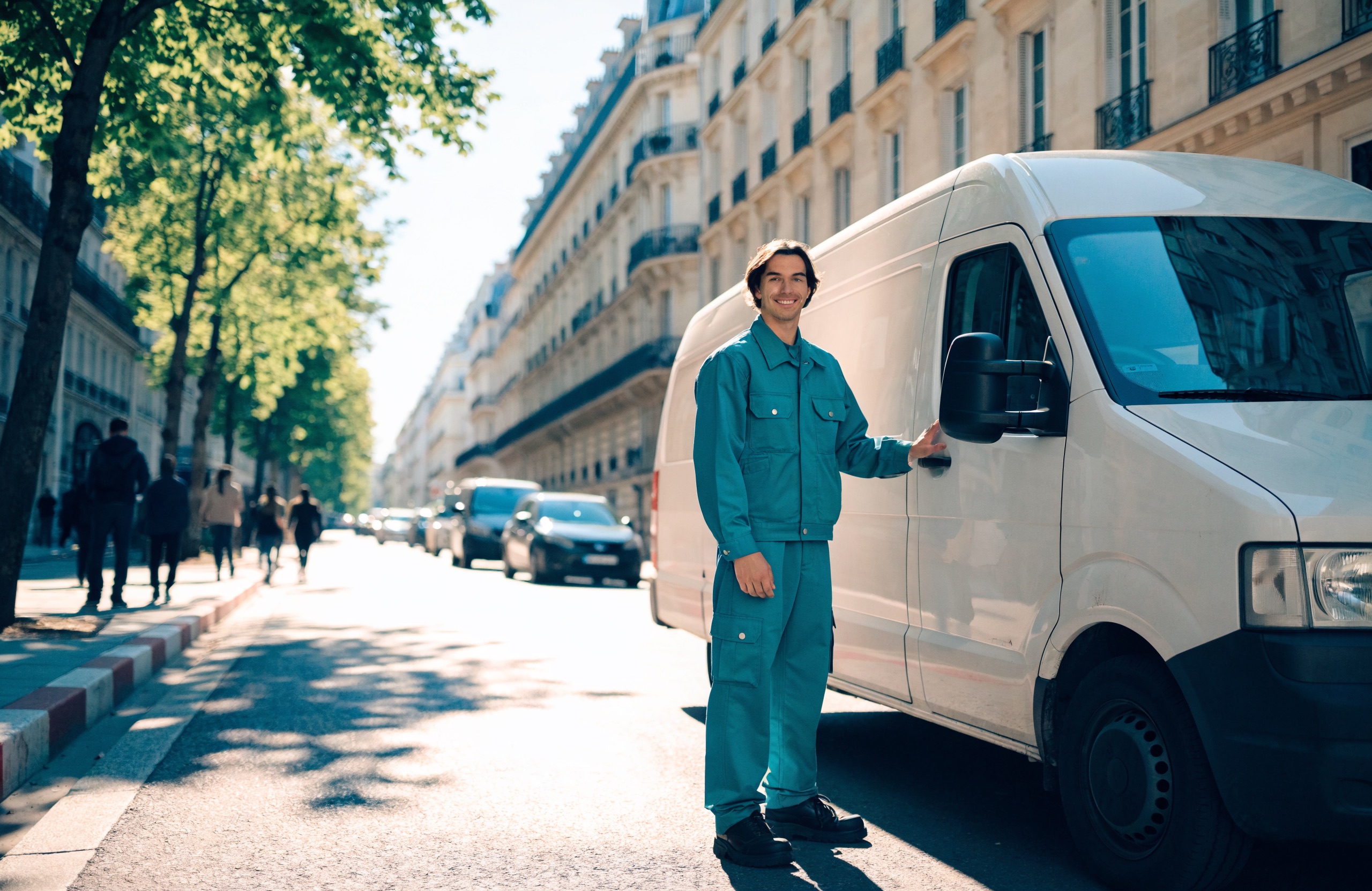 Technicien AquaCurage Pro sur une avenue ensoleillée de Paris 12e
